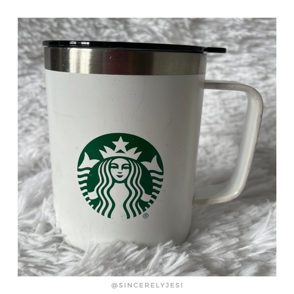Starbucks ▪ White Metal 12 fl oz Green Siren Logo Short Travel Mug